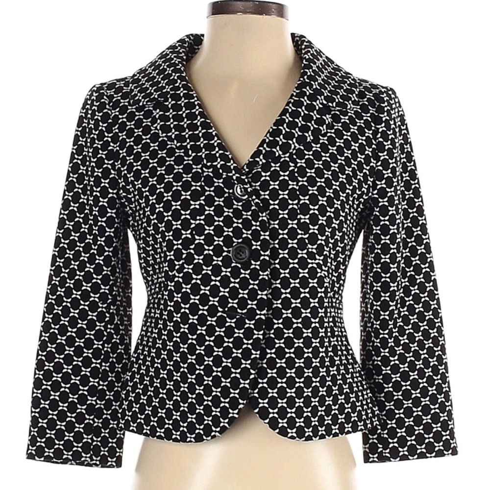 Like New Ann Taylor 2P Navy with White Polka Dots Print Blazer Ruched Sleeves